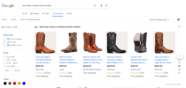 谷歌购物标签的例子为牛仔靴