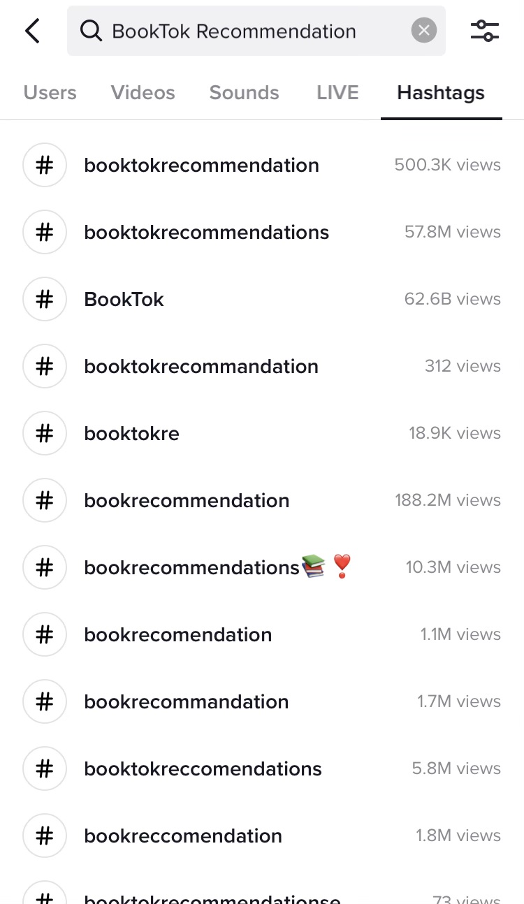 BookTok推荐相关的标签列表