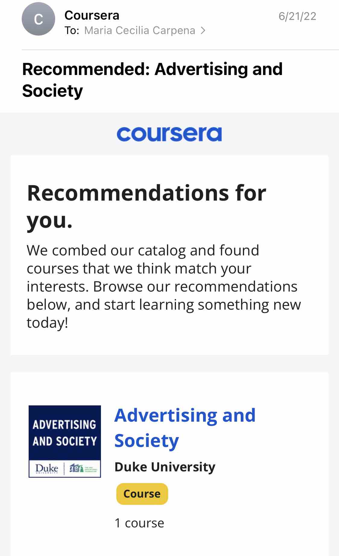 Coursera电子邮件营销的例子