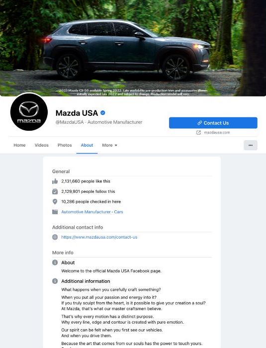 社交媒体品牌的例子:马自达美国的facebook页面