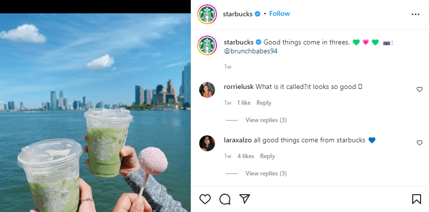 星巴克在instagram上的内容是由一名粉丝策划的，展示了他们的棒棒糖蛋糕和饮料