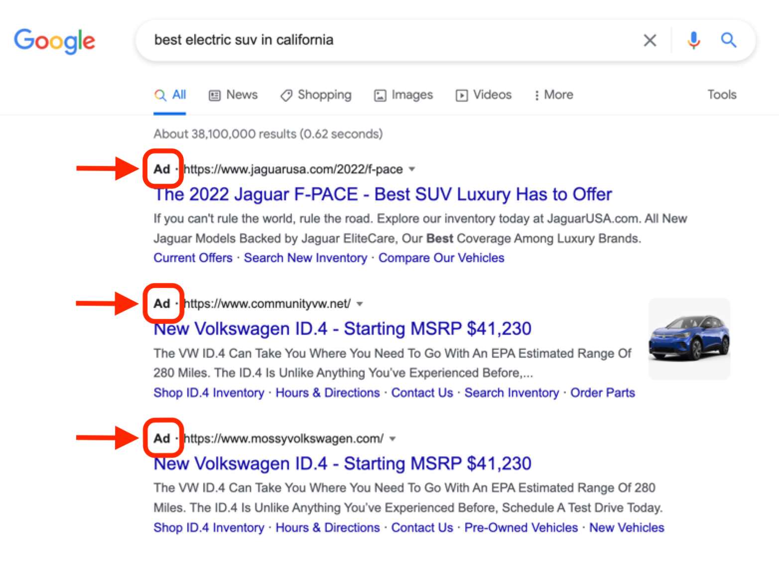 搜索广告例子:加州的电动SUV