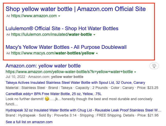 黄色水瓶的广告出现在搜索结果的顶部