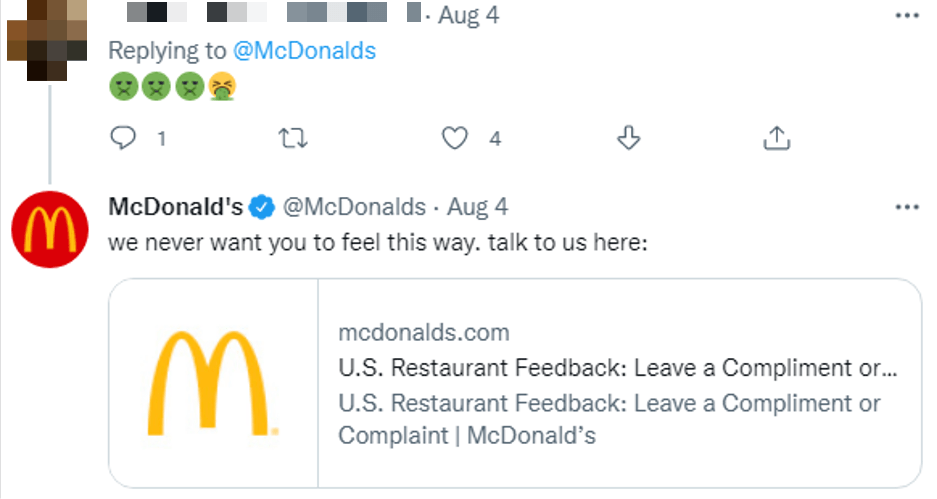 麦当劳回应了有人在推特上的负面评论