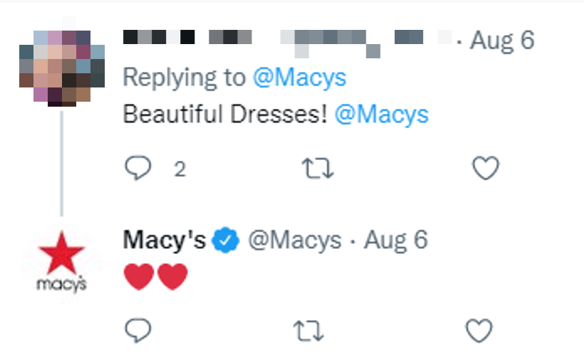 有人在推特上称赞梅西百货的服装，梅西百货对此做出了积极的回应