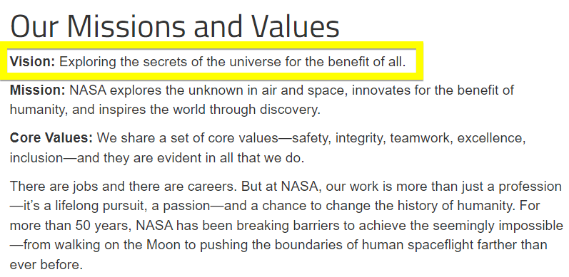 NASA的使命和价值观页面截图