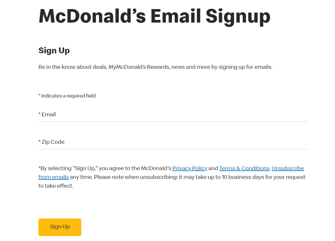 麦当劳电子邮件注册页面截图
