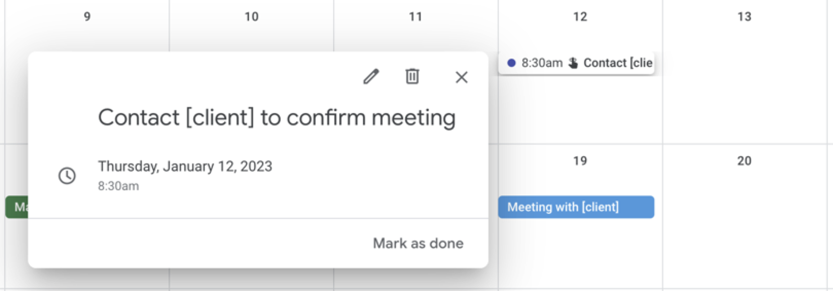 一个示例日历提醒联系客户确认会议