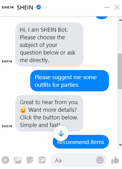 shien chatbot recommend products example