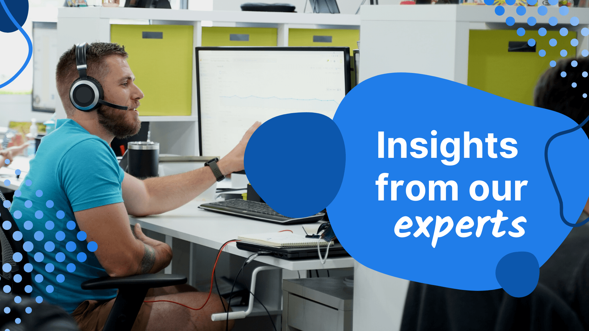 A WebFX employee on a call at their desk with a blue bubble saying insights from our experts