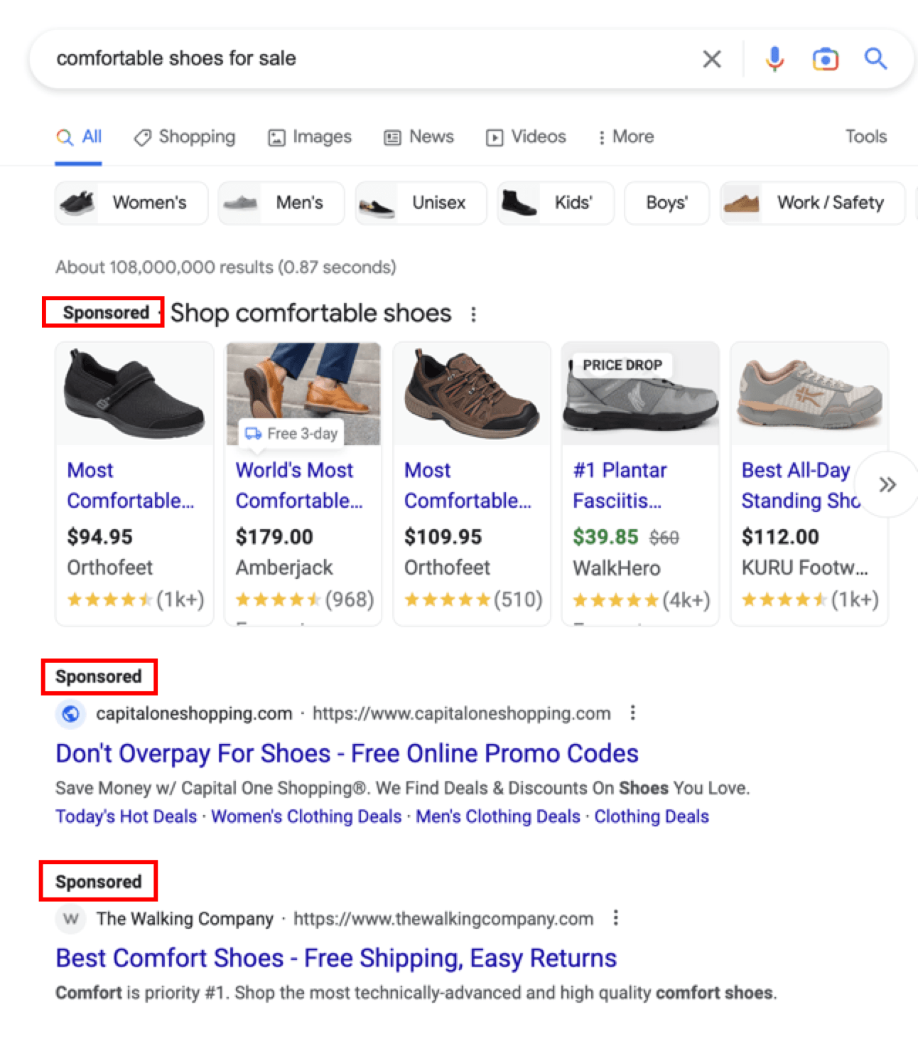 搜索“出售舒适鞋”的谷歌搜索结果截图