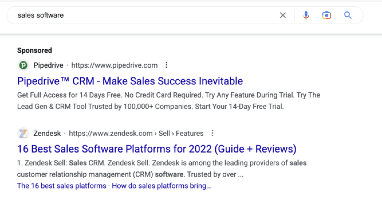 谷歌搜索“销售软件”结果的截图