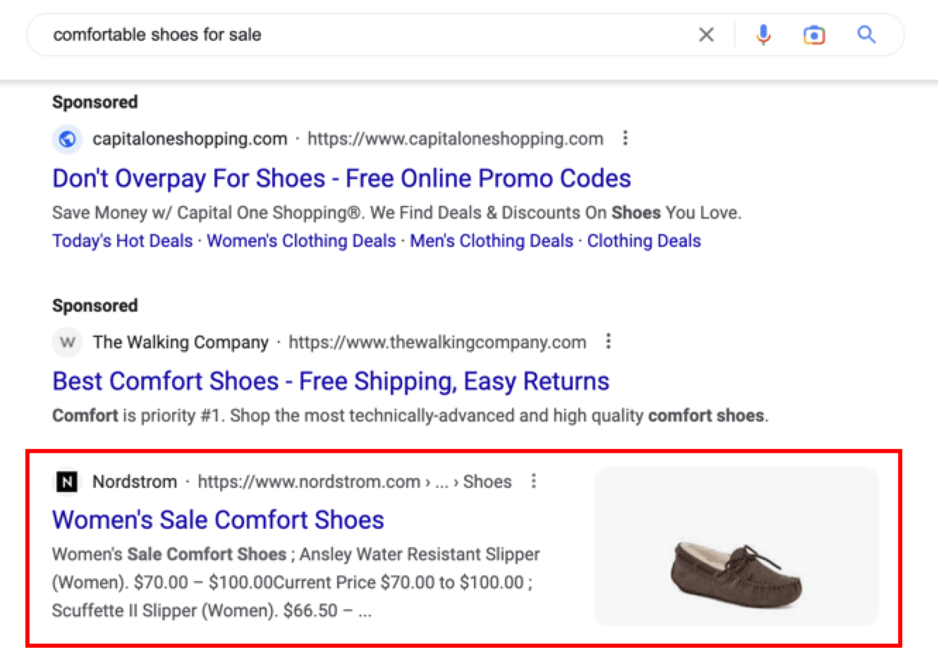 搜索“出售舒适鞋”的谷歌搜索结果截图