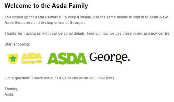Asda奖励欢迎电子邮件