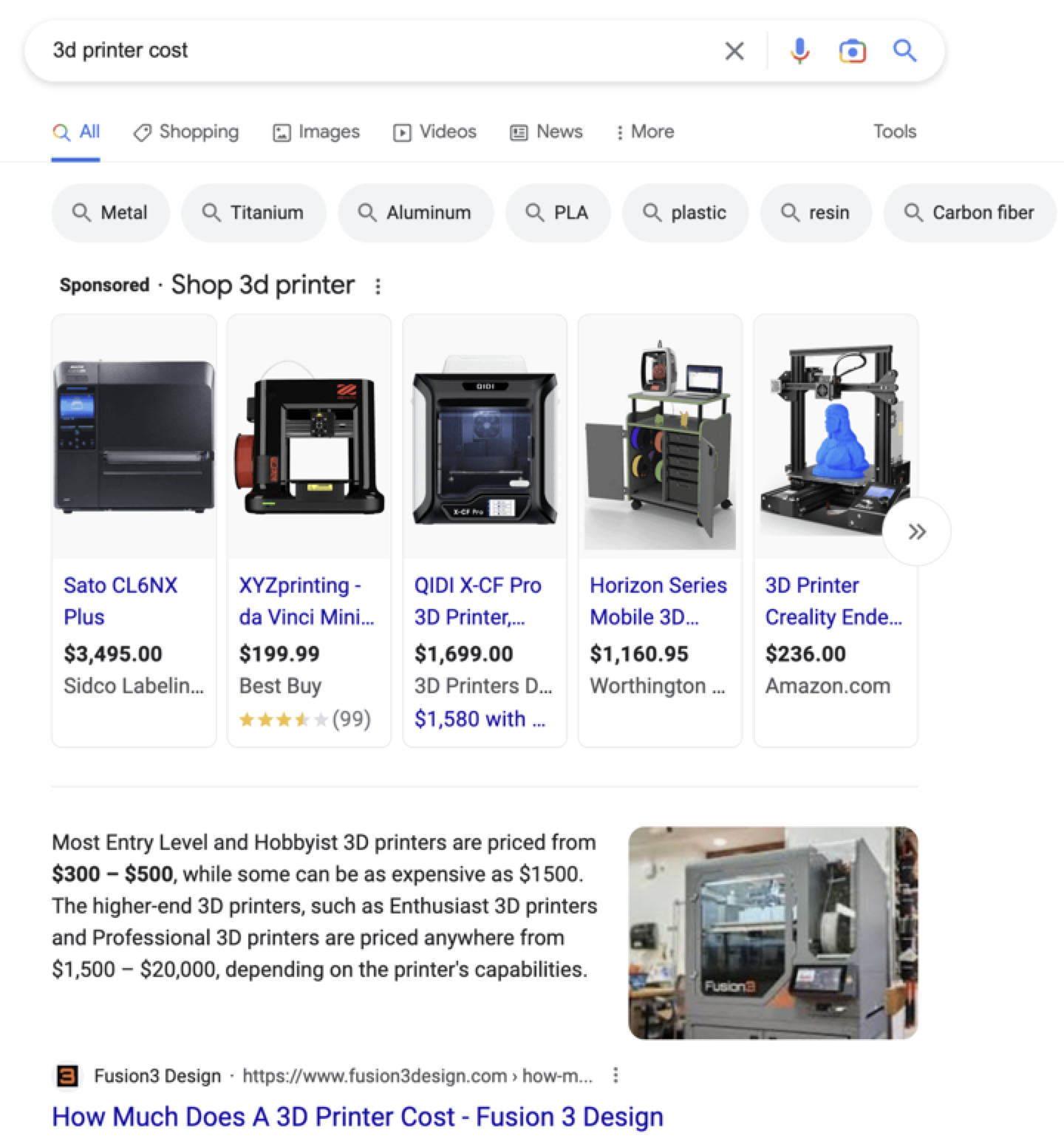 谷歌“3d打印机成本”结果截图