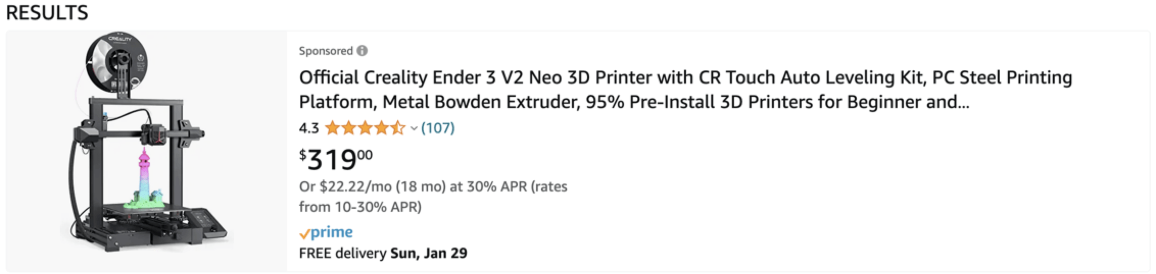 3D打印机的赞助亚马逊结果的截图