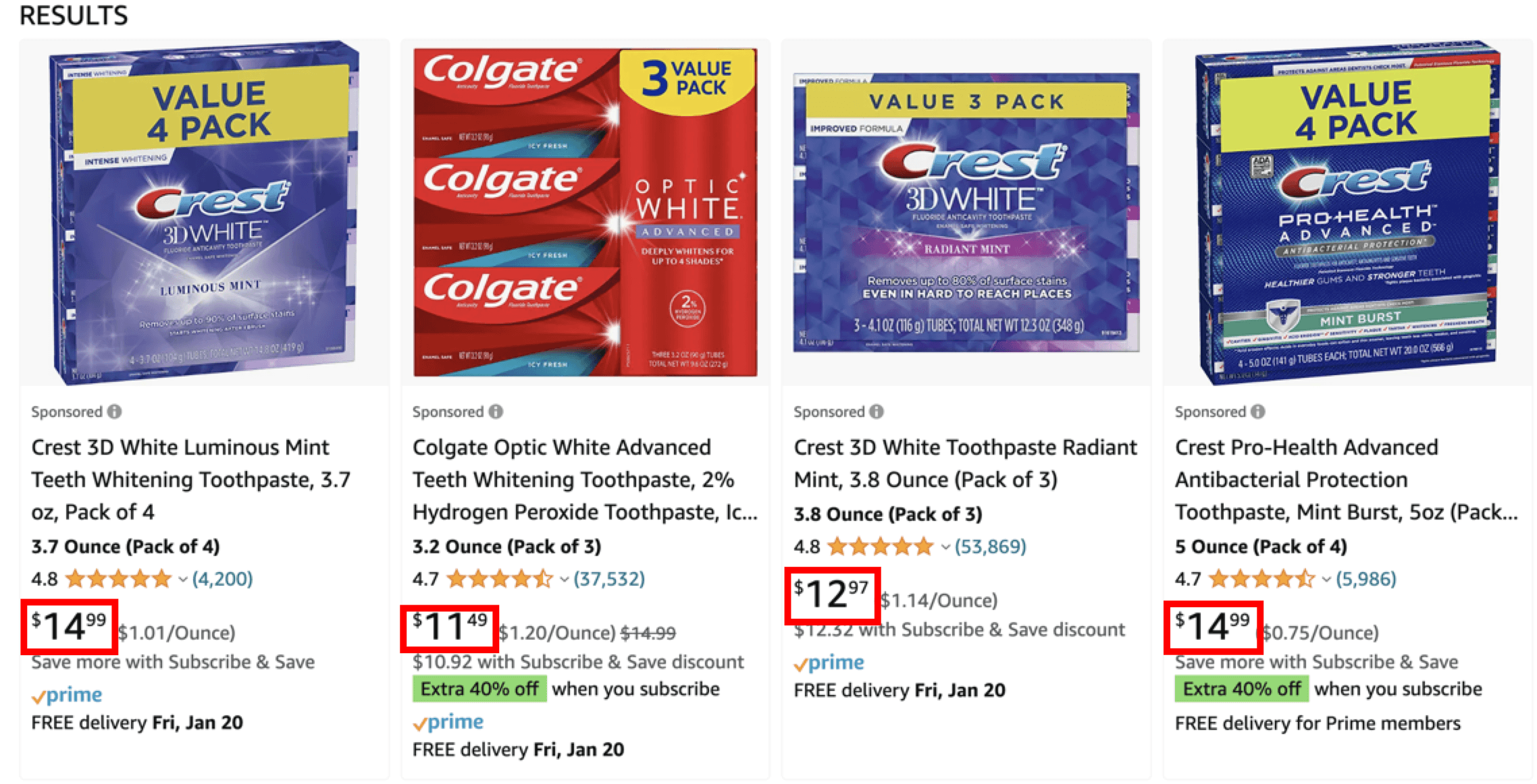 亚马逊上牙膏列表的截图，价格周围有红框＂width=