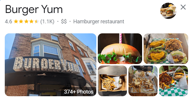 汉堡百胜的谷歌列表的截图，带有位置和产品的照片＂width=