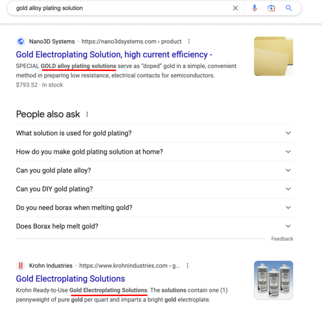 谷歌结果的截图，在结果中强调术语“金合金镀液”