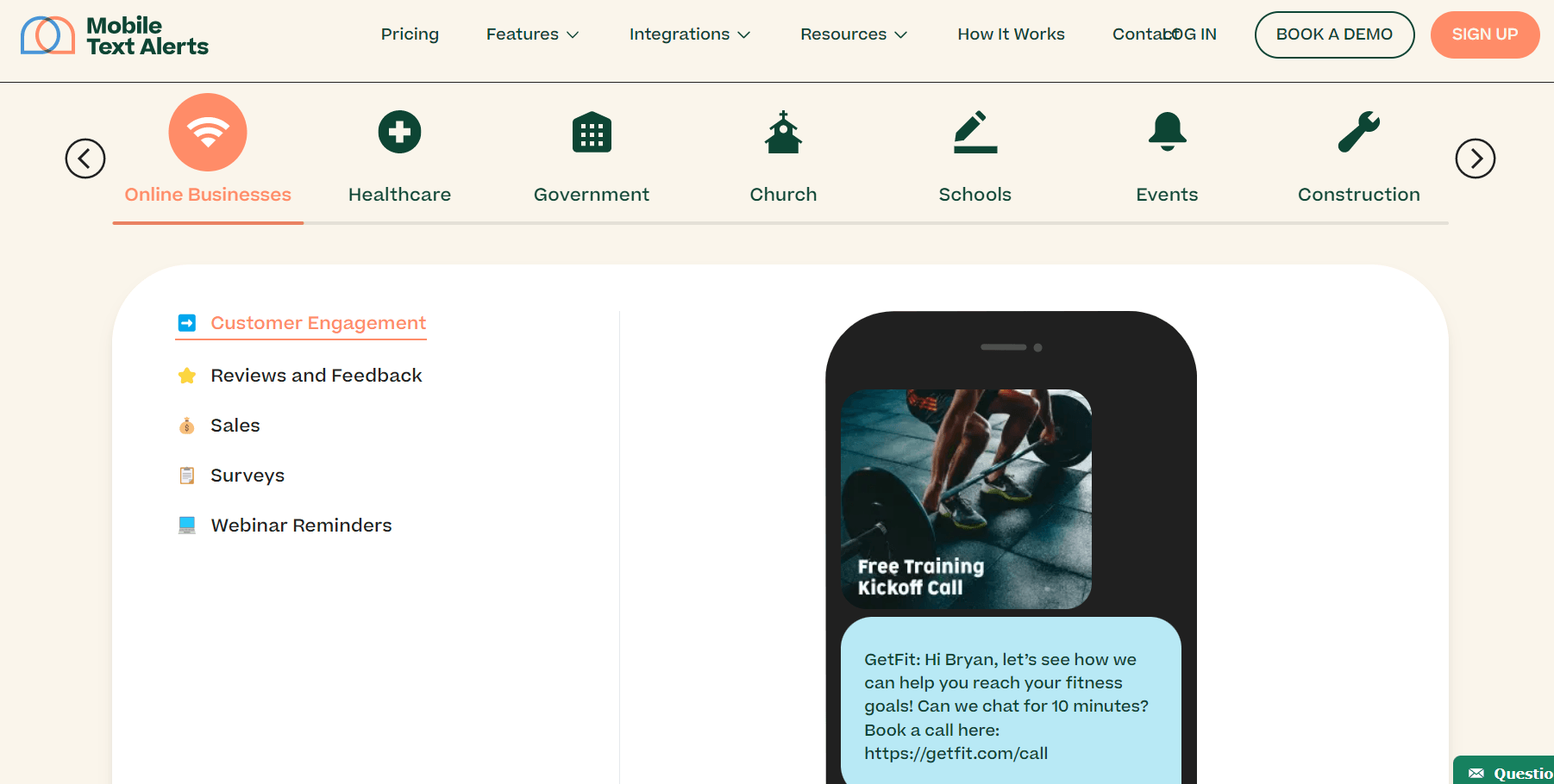 mobile text alert homepage screenshot
