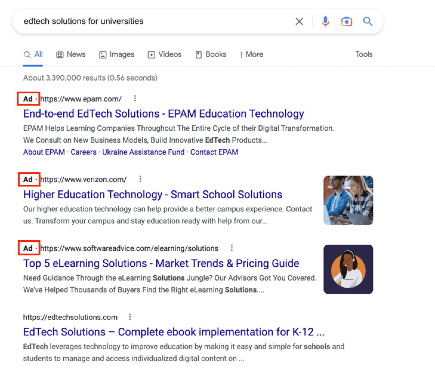 搜索“大学教育科技解决方案”的谷歌搜索结果截图