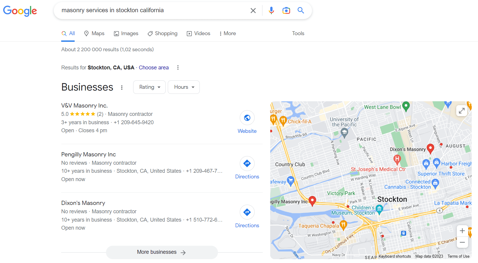 谷歌搜索结果显示本地烟囱和砌体业务列表