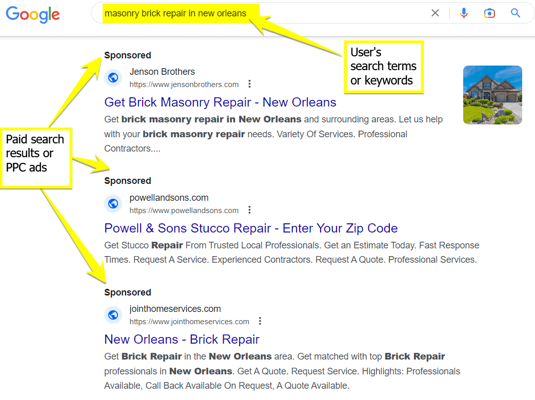 谷歌搜索结果显示在新新奥尔良砖石砖修复的ppc广告