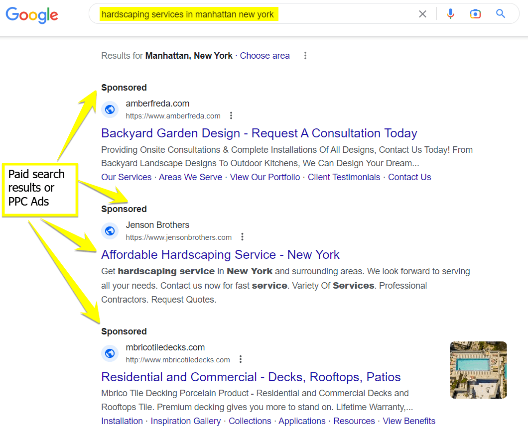 paid search results for hardscaping services in ny screenshot
