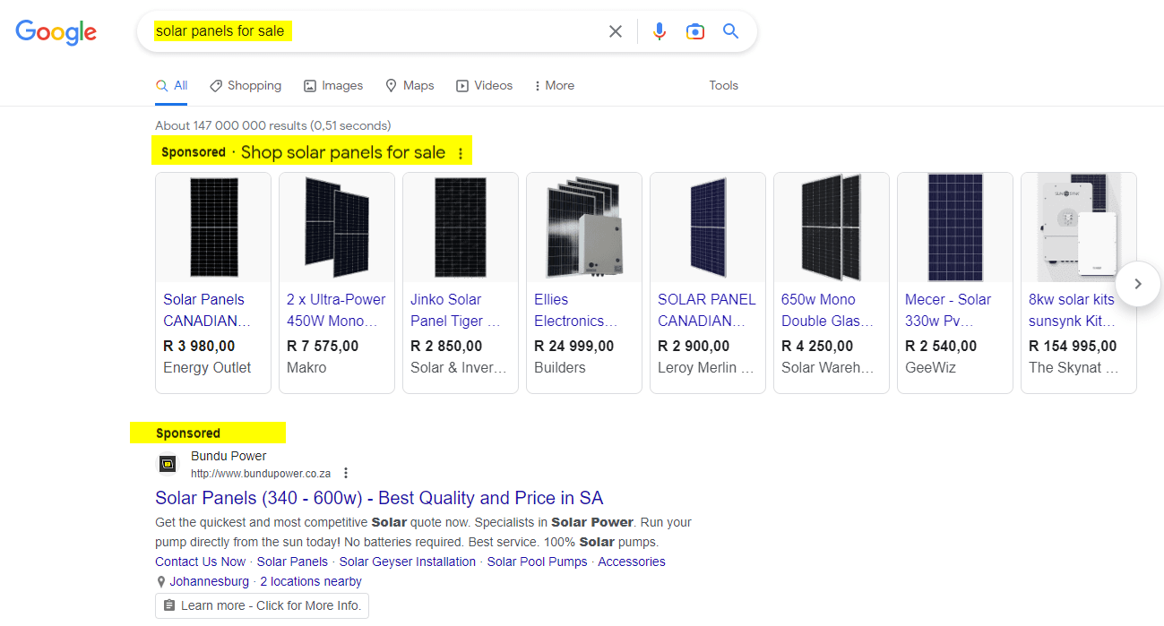 谷歌搜索结果显示出售太阳能电池板的点击付费广告