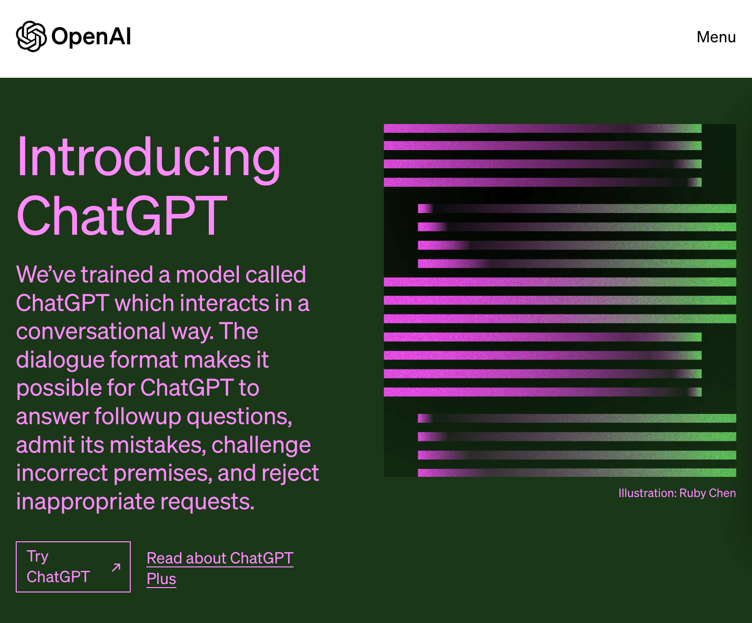 Homepage for ChatGPT featuring a purple bar design