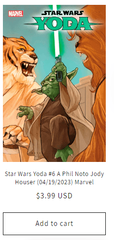 A Yoda comic book that has a call to action below it inviting people to add to cart