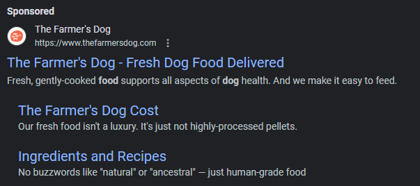 Google ad for dog food