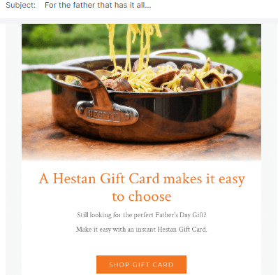 Email from Hesten inviting people to purchase a gift card for father's day