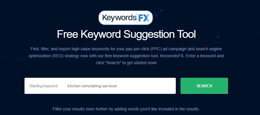 homepage for KeywordsFX featuring a search bar with a green button