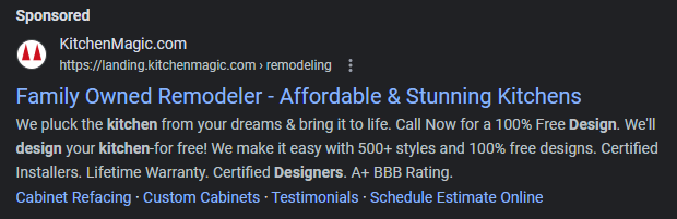 PPC for for kitchen remodeling appearing in Google's search results