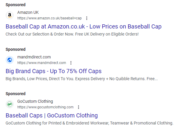 Google search ad example for baseball caps