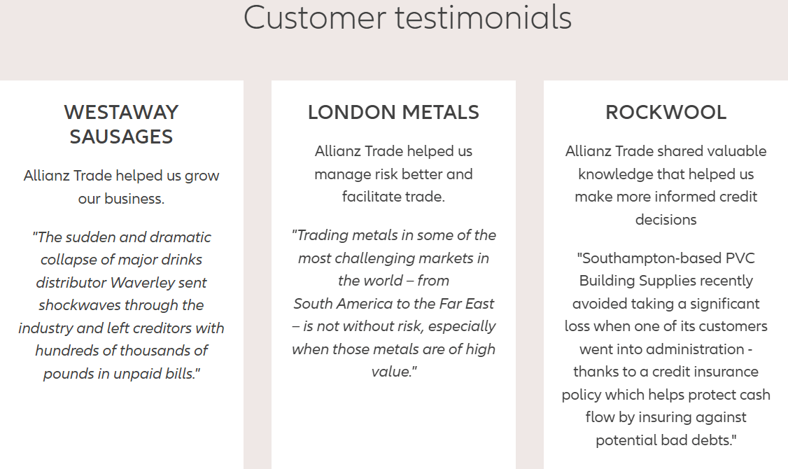 allianz trade customer testimonials page screenshot