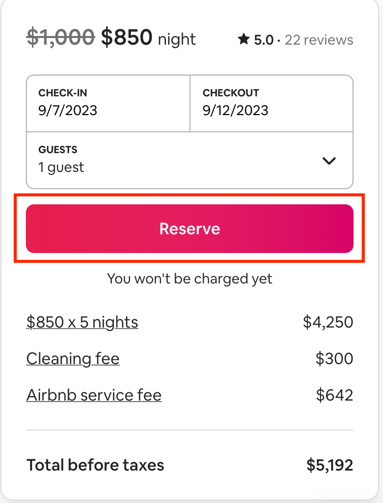 Pink call to action button inviting people to book their stay