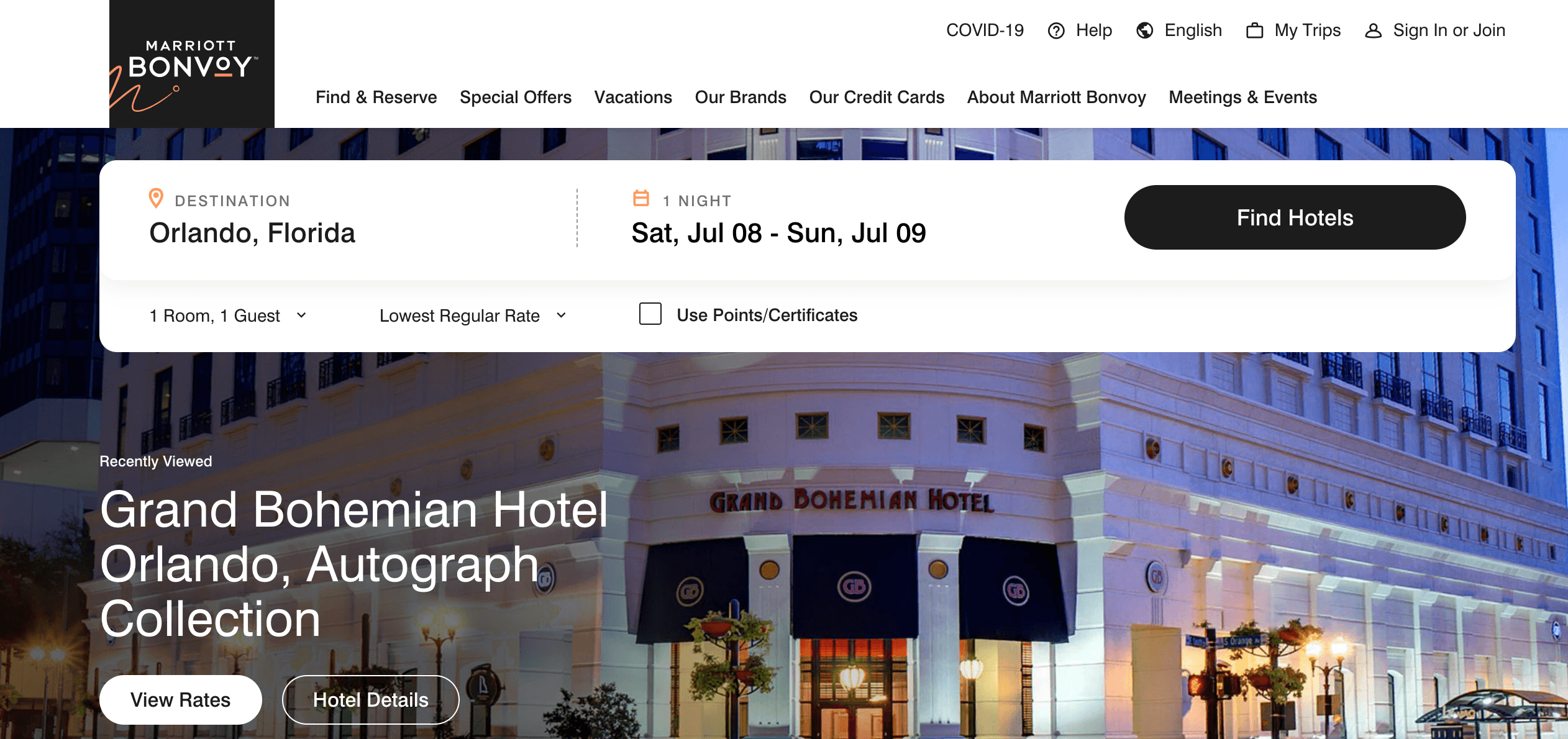 Hotel website with photos of the front of one of their buildings