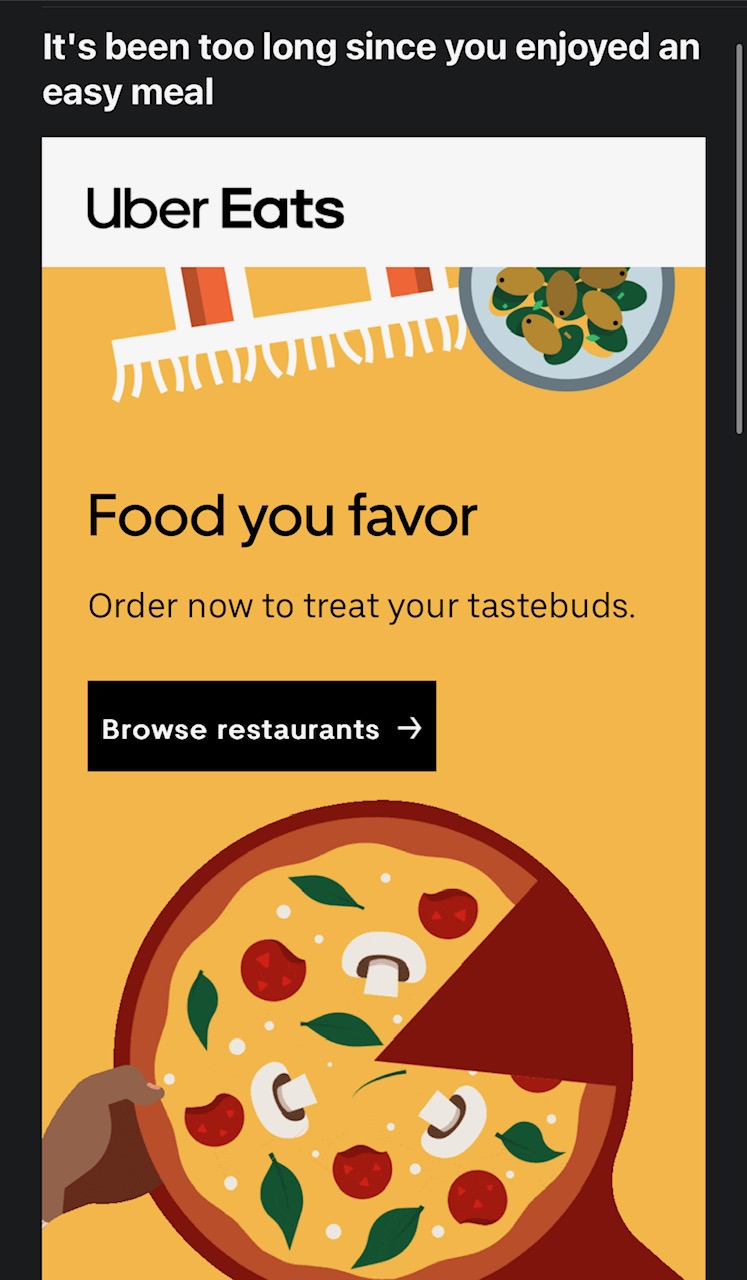 Uber Eats email with a yellow background and pizza graphic asking about the subscriber's experience with Uber Eats