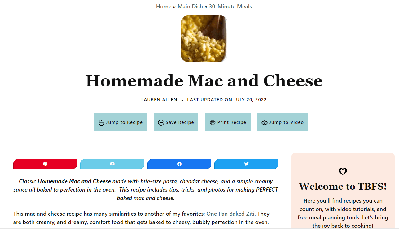 Mac and cheese recipe information content example