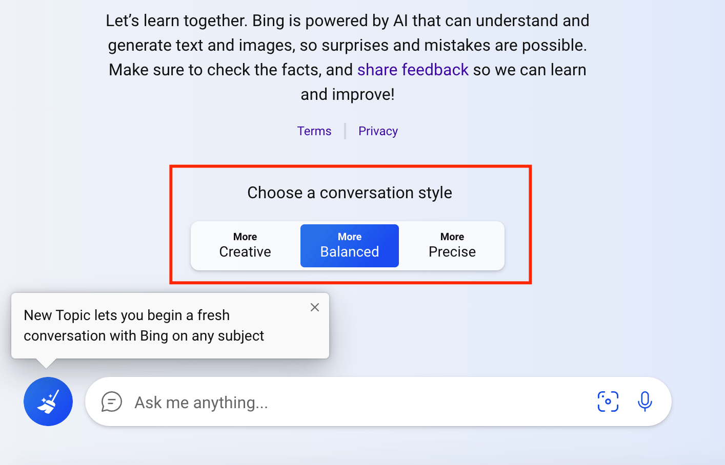 Bing AI's conversations types listed in button boxes