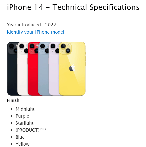 iphone14 product spec sheet screenshot