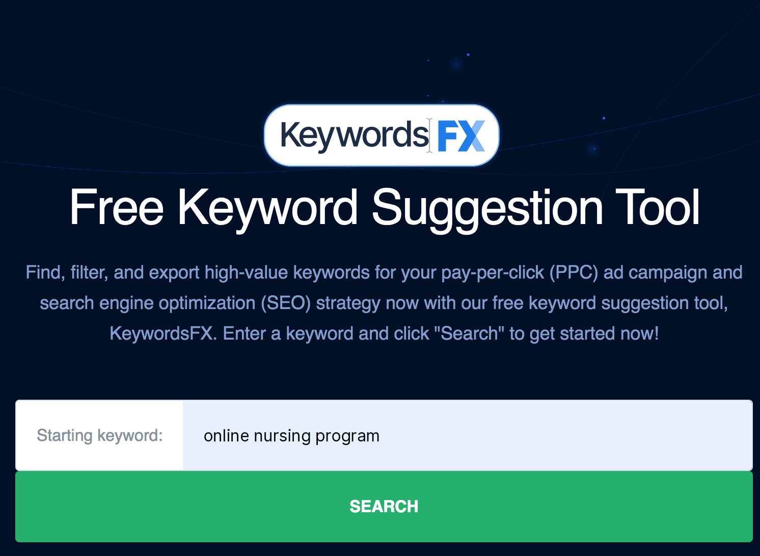 Dark blue background of a keyword research tool, KeywordsFX, with the phrase 