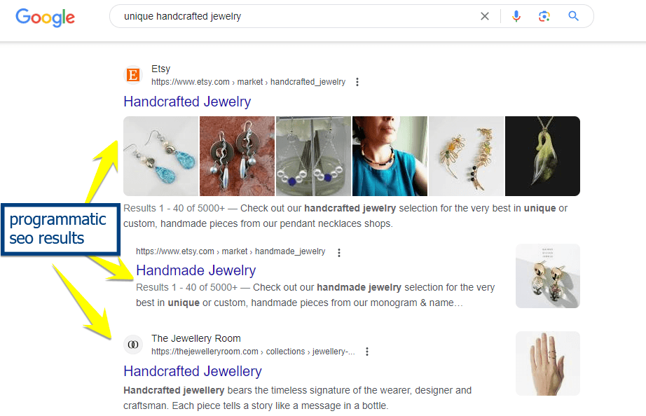 programmatic seo results for unique handcrafted jewelry