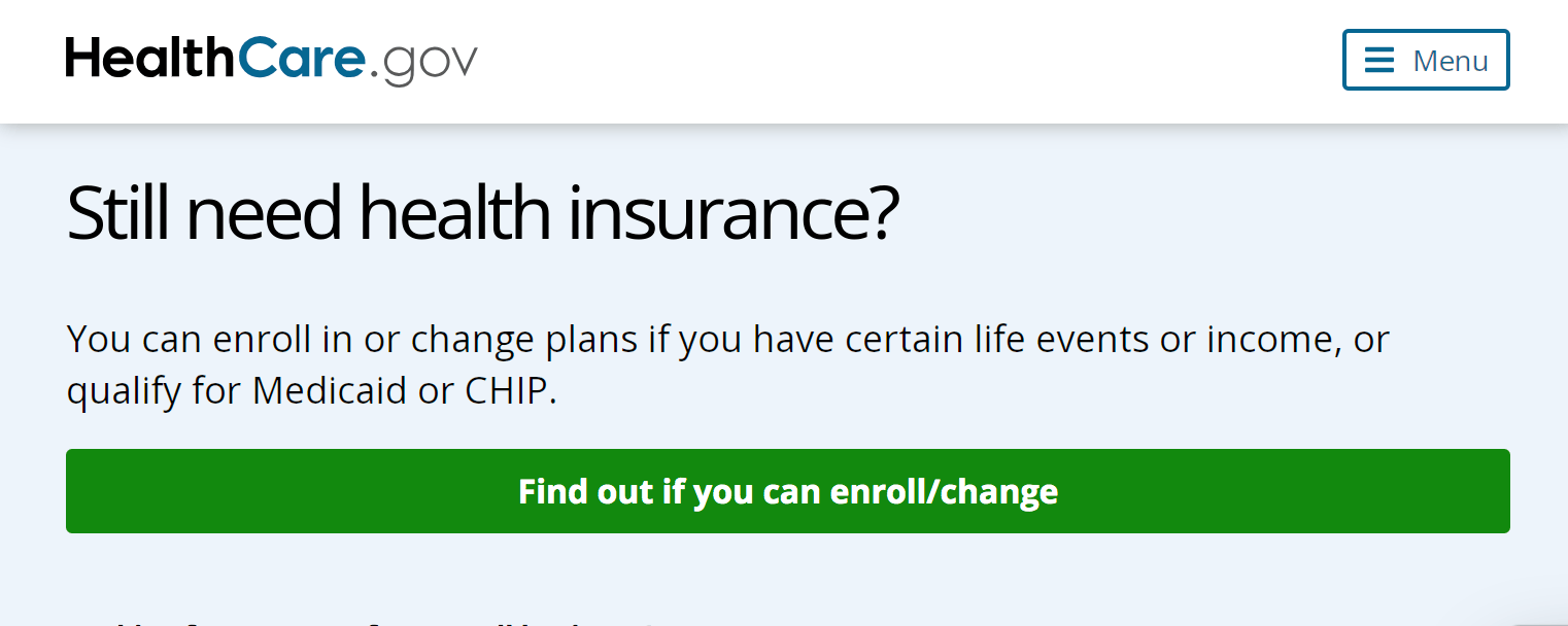 Healthcare.gov page inviting people to sign up for public insurance