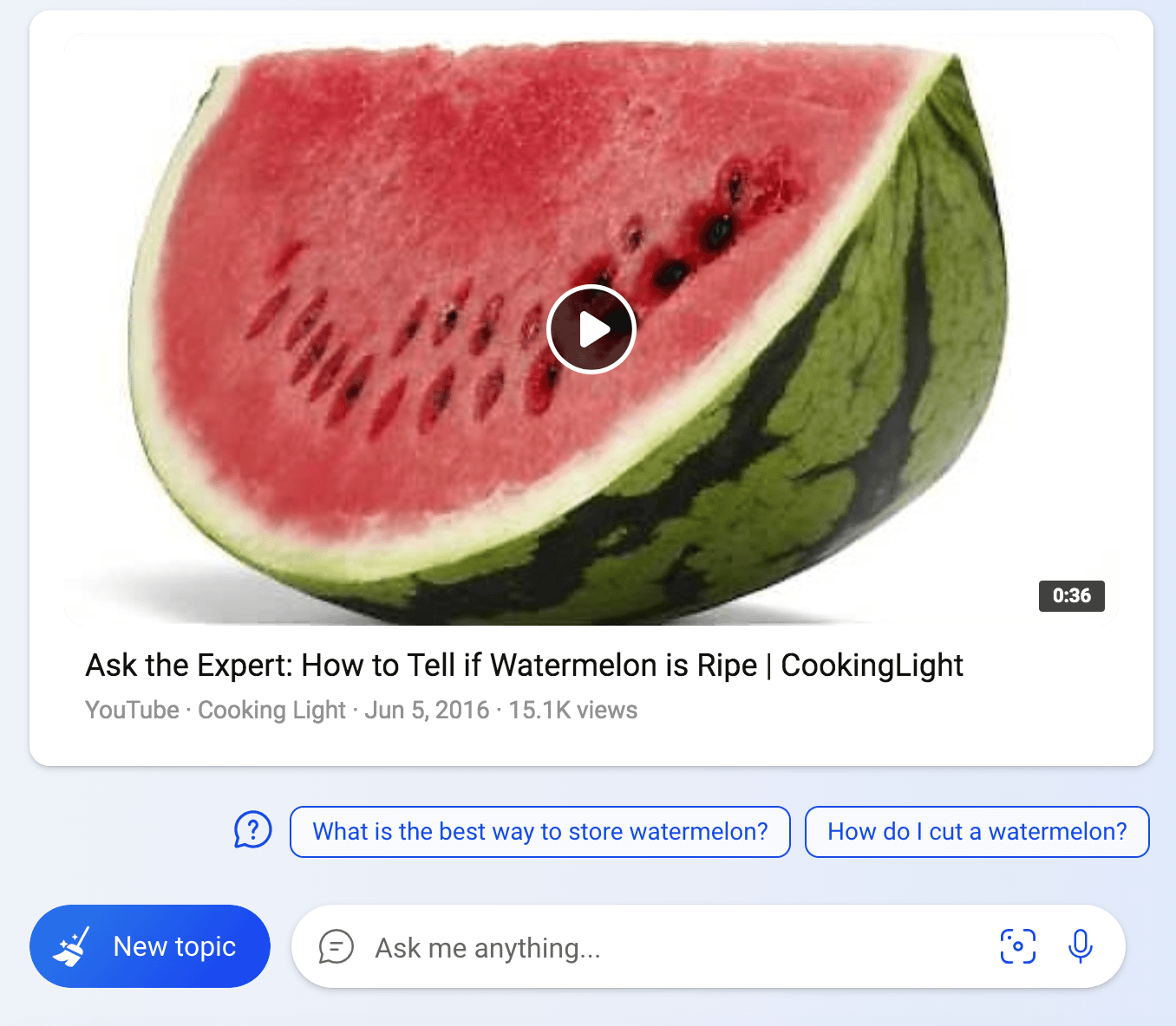 Watermelon query to Bing generating a video of a watermelon