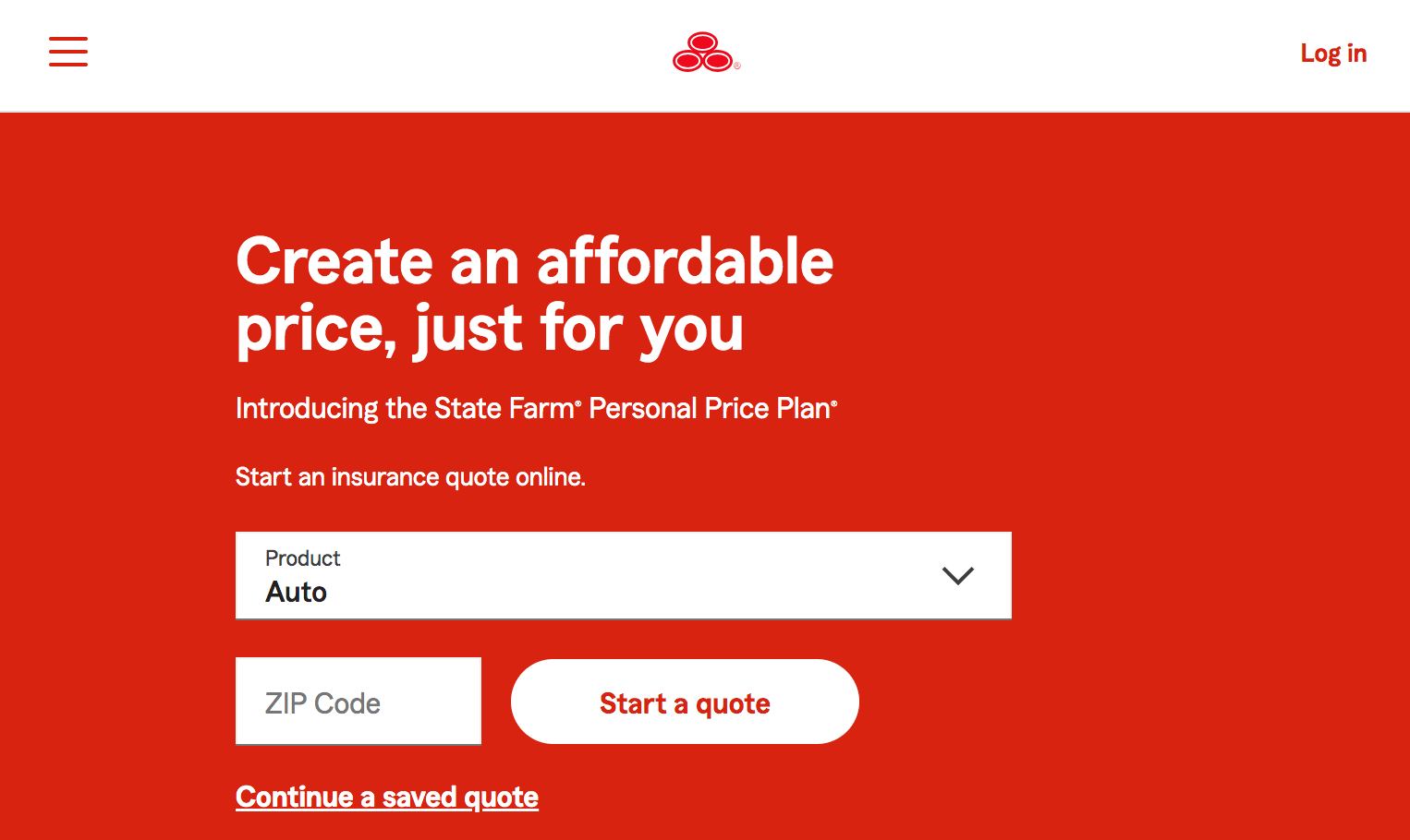 Homepage for State Farm insurance