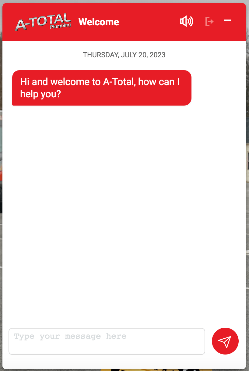 Red and white customer service chat box on A Total's website