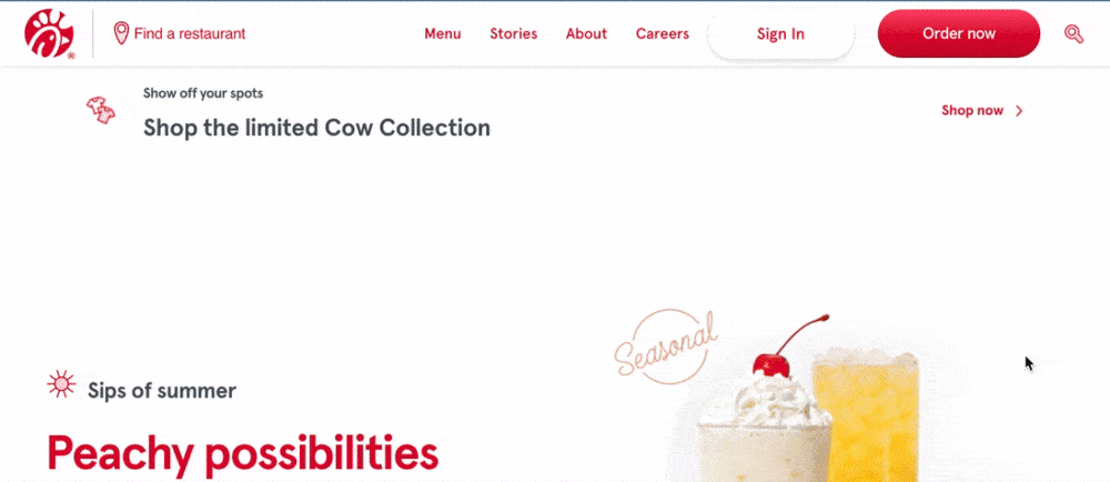 Red integrated throughout Chick-fil-a's website